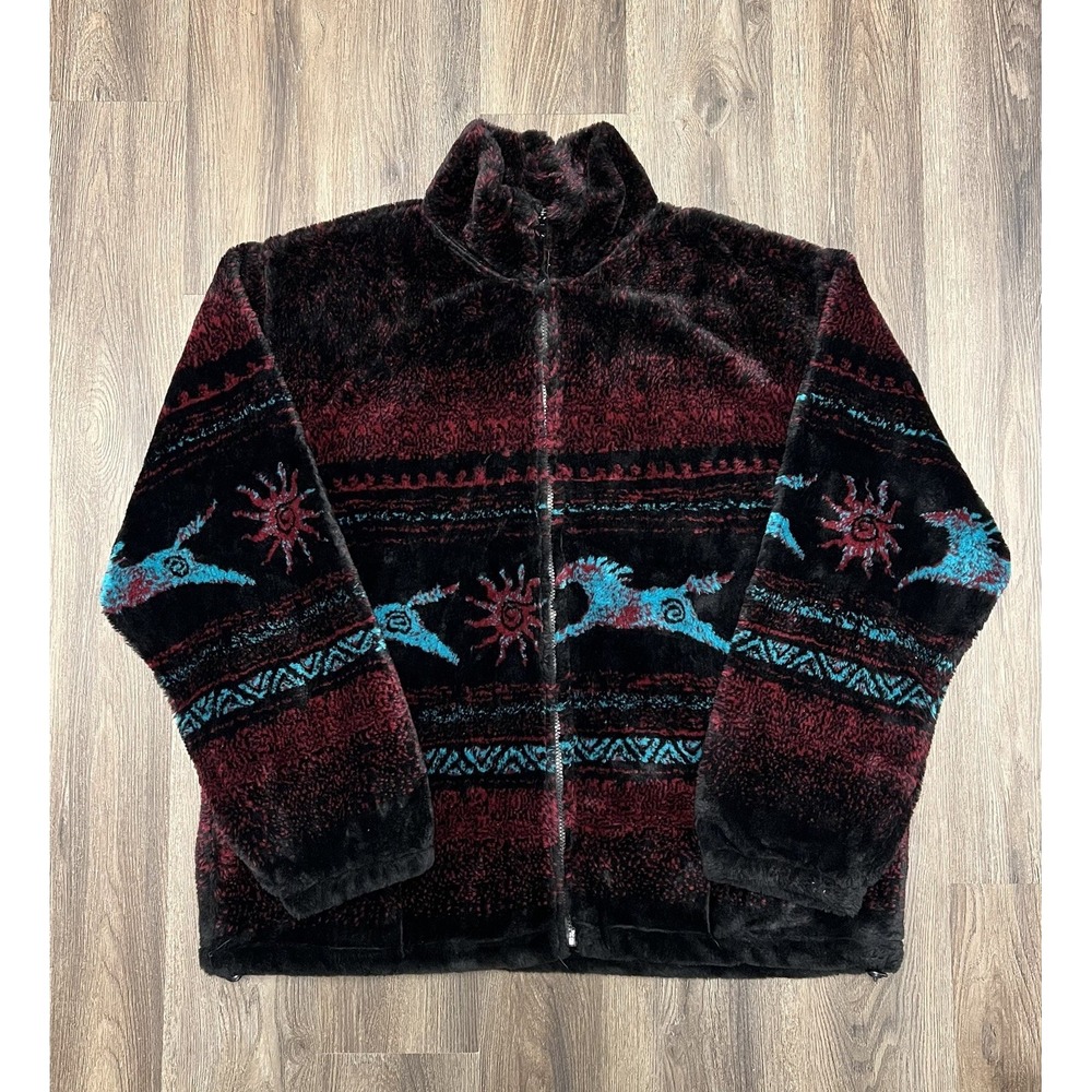 VTG Black Mountain Horse Southwestern Print Deep Pile Fleece Jacket Men's 2XL